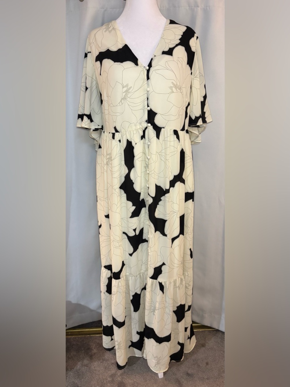 Sugarlips Floral Maxi Dress 2X Black Cream Button Front Boho - Picture 2 of 7